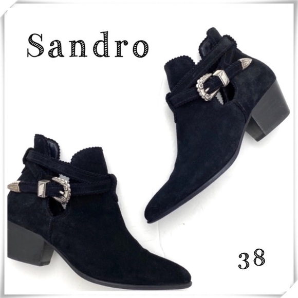 SANDRO Western Buckled Cutout Pointed Toe Suede Ankle Bootie Black Size 8 - Picture 1 of 9